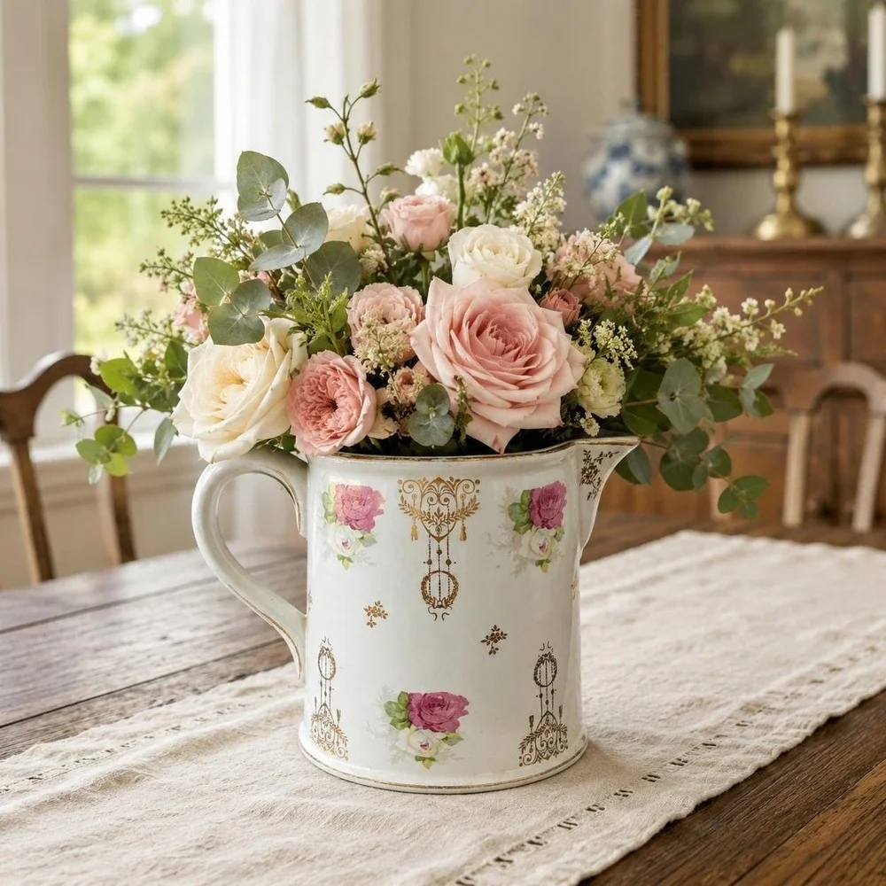 Antique Homer Laughlin Pitcher Gold Gilt Pink Rose Water Jug Semi Vitreous China